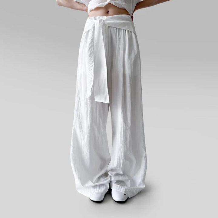 Women's high-waisted linen pants with wide leg and decorative tie belt Mune Fashion