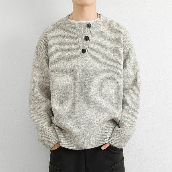 Men's chunky knit pullover with button placket Mune Fashion