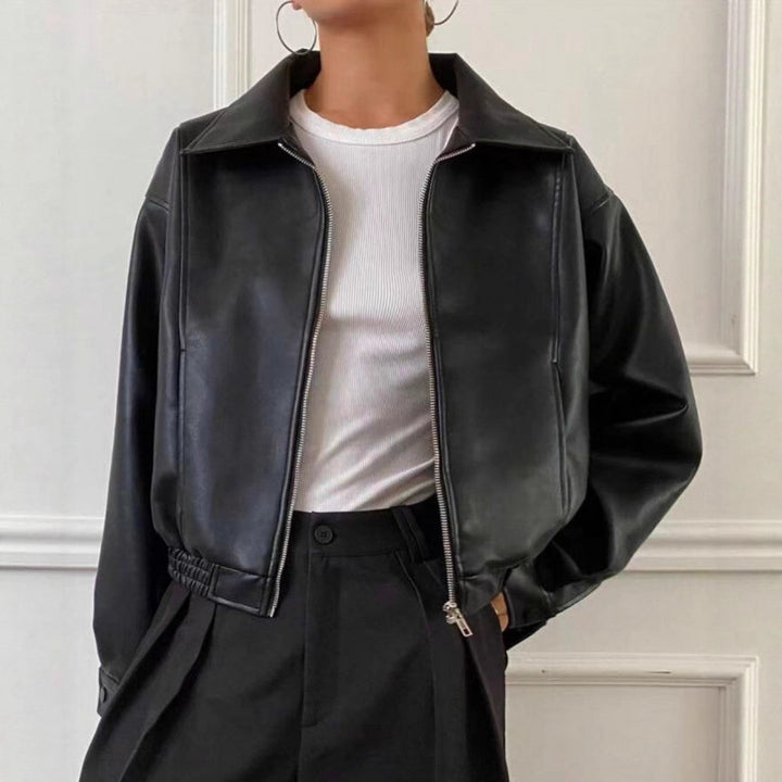 Women's Oversized Leather Jacket in Bomber Style with Elastic Hem Mune Fashion