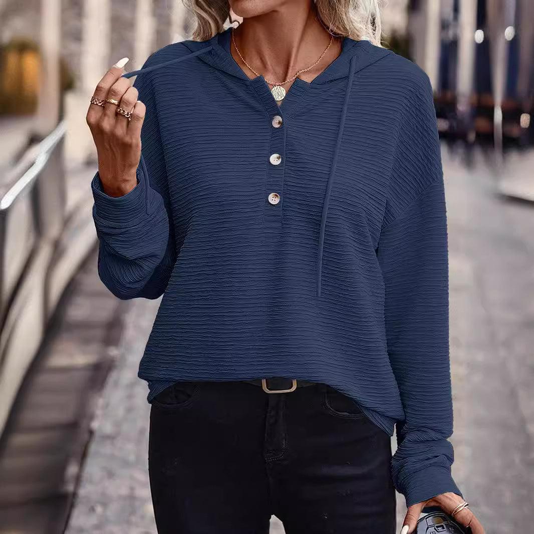 Ladies Textured Hooded Henley Sweater with Button Placket Mune Fashion