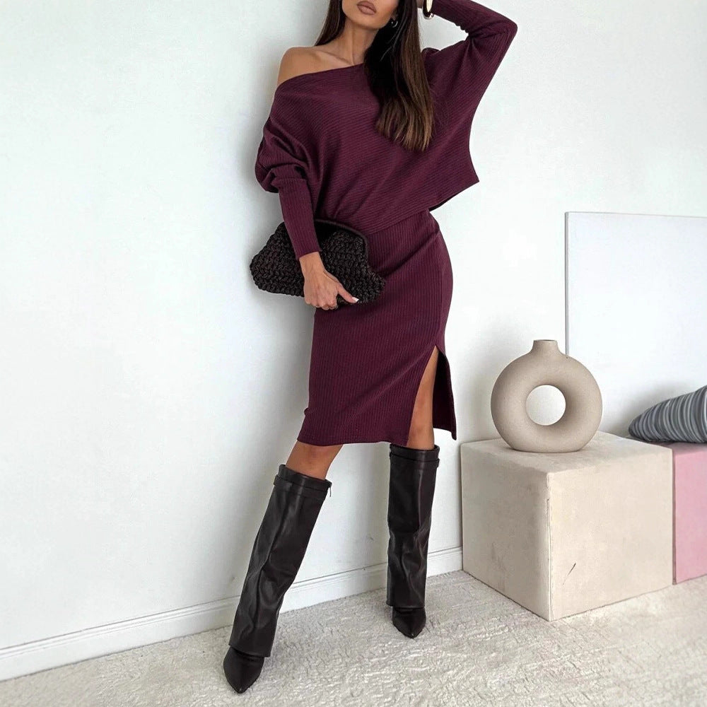 Women's Reversible Ribbed Knit Set with Off-Shoulder Oversized Sweater and Tailored Midi Skirt with Side Slit Drune