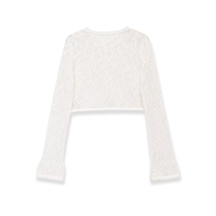 Women's Short Cut Lace Knit Crop Top with Round Neckline and Slightly Flared Sleeves Mune Fashion