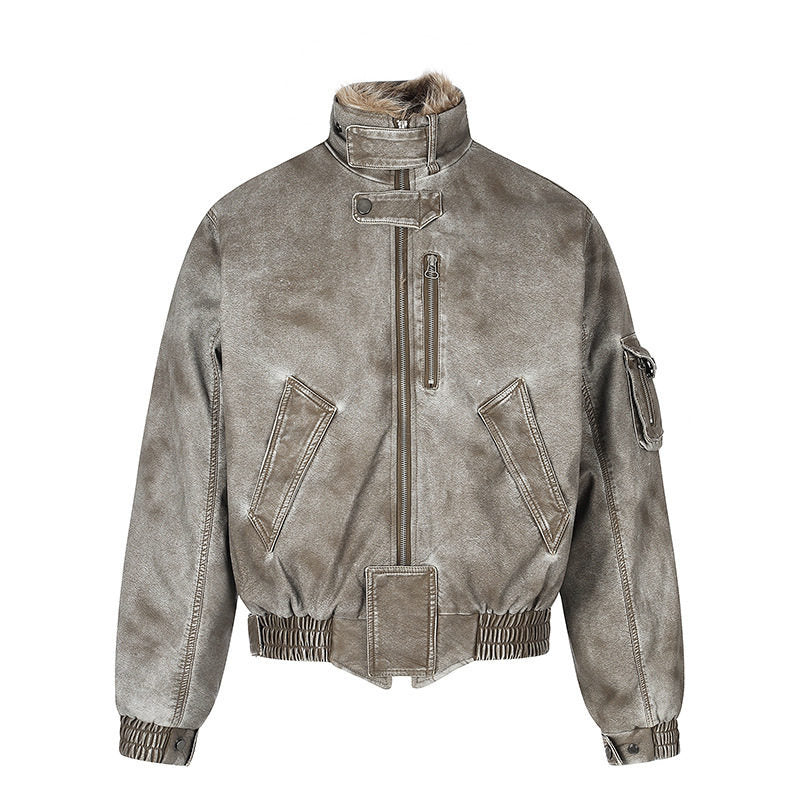 Men's padded pilot jacket in bomber style with high collar, faux fur trim, and waist belt Mune Fashion