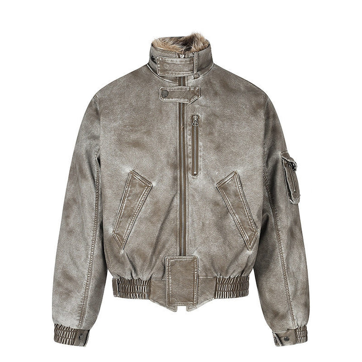 Men's padded pilot jacket in bomber style with high collar, faux fur trim, and waist belt Mune Fashion