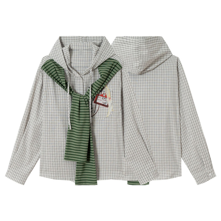 Women's Oversize Shirt Jacket with Hood, Attached Knit Scarf and Chest Patch Mune Fashion