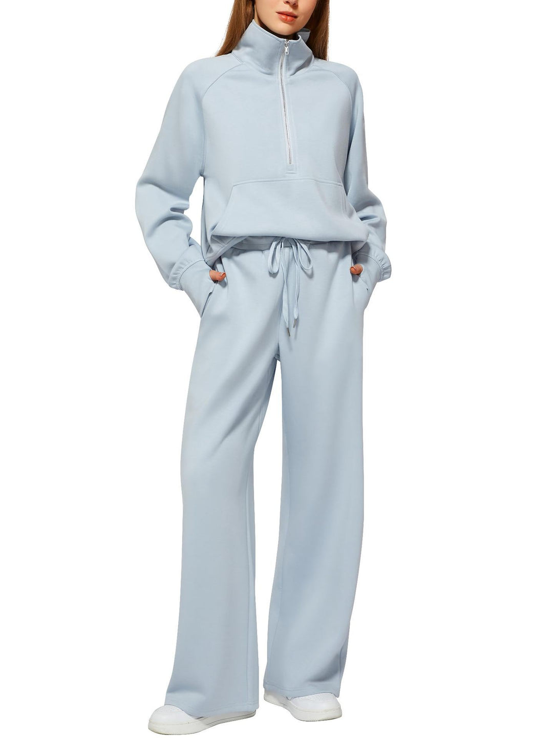 Women half-zip lounge set with high stand-up collar, kangaroo pocket and wide high-waist joggers Mune Fashion