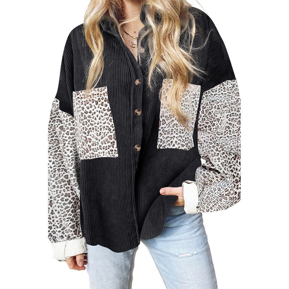Women's oversized shirt blouse with textured fabric, contrast sleeves in leopard print and patch pockets Mune Fashion