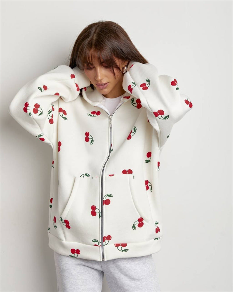 Women's playful hooded zip pullover with cherry print and oversized fit Mune Fashion