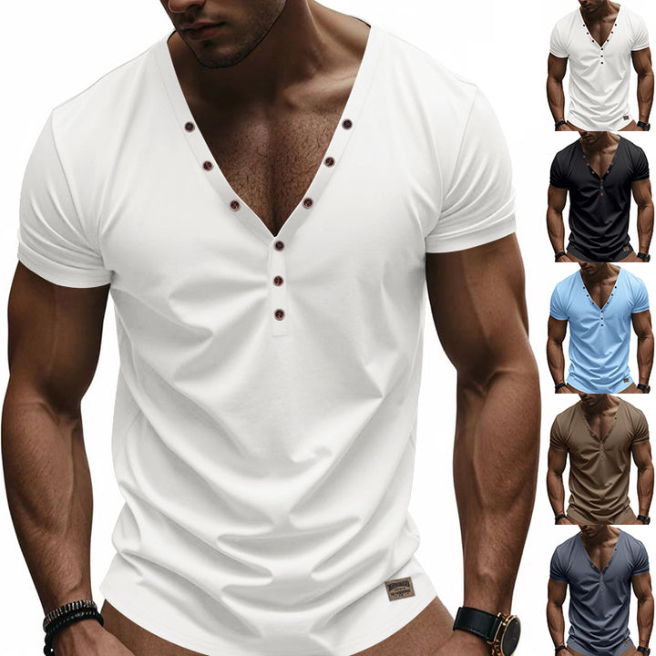 Men's tailored short-sleeve Henley shirt made of cotton-elastane with a deep V-neckline and decorative button placket Mune Fashion