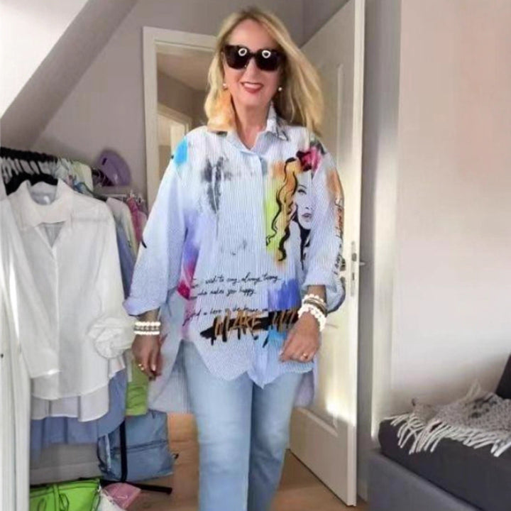 Women's elegantly printed loose-fitting shirt blouse with pop art motif and pinstripes Mune Fashion