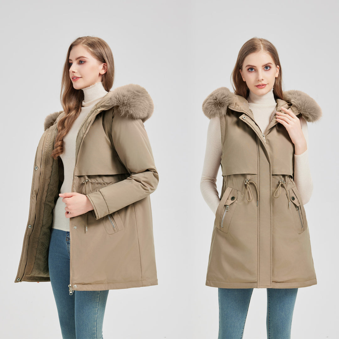 Women's tailored functional parka with asymmetrical front flap, adjustable drawstring, and wind-resistant stand-up collar Mune Fashion