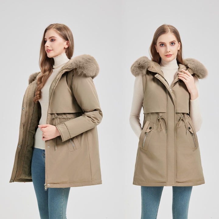 Women's tailored functional parka with asymmetrical front flap, adjustable drawstring, and wind-resistant stand-up collar Mune Fashion