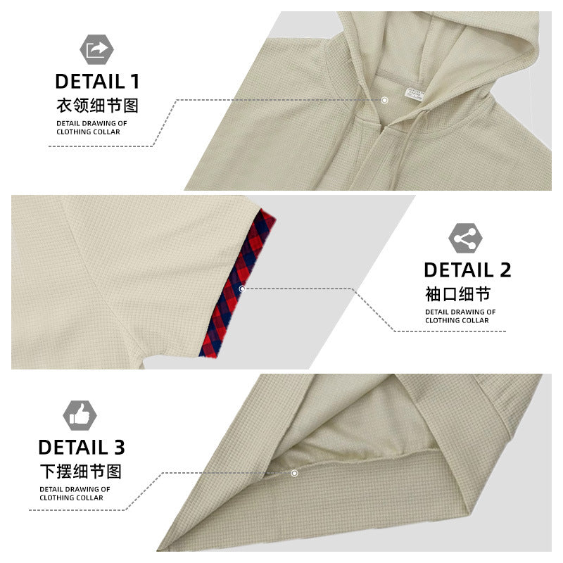 Men's slim fit short sleeve hooded shirt in polo style with Henley neckline and checkered sleeve cuff Mune Fashion