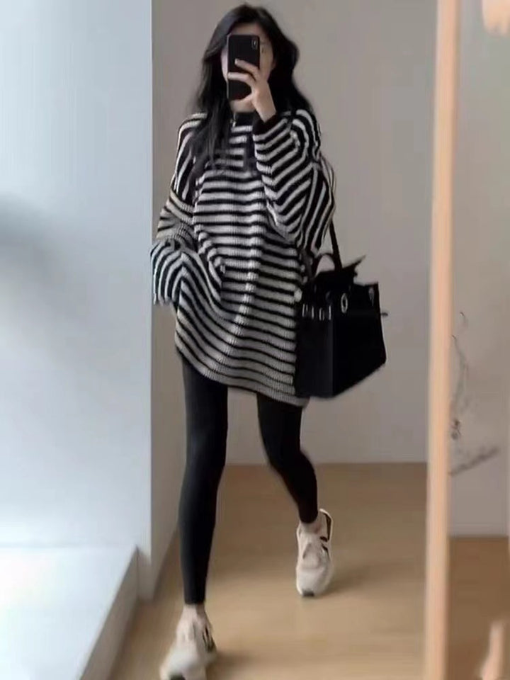 Women Oversize Knit Long Pullover with Horizontal Stripe Structure Mune Fashion