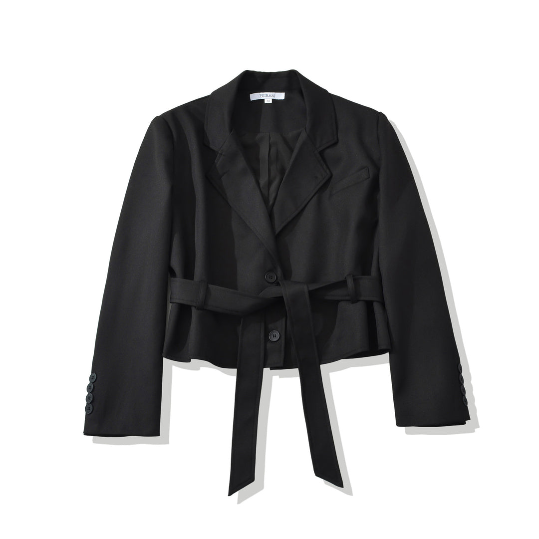 Women's Short Blazer with Waist Belt and Lapel Collar Mune Fashion