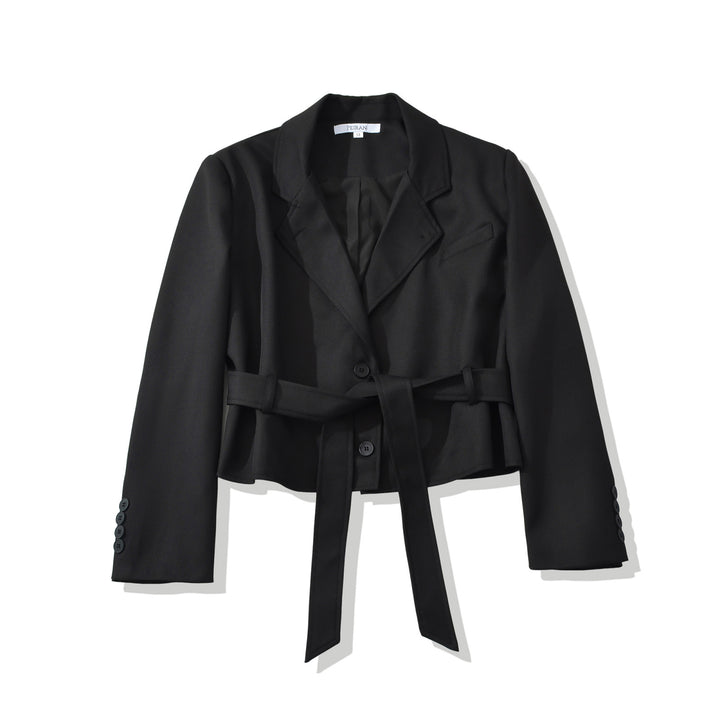 Women's Short Blazer with Waist Belt and Lapel Collar Mune Fashion