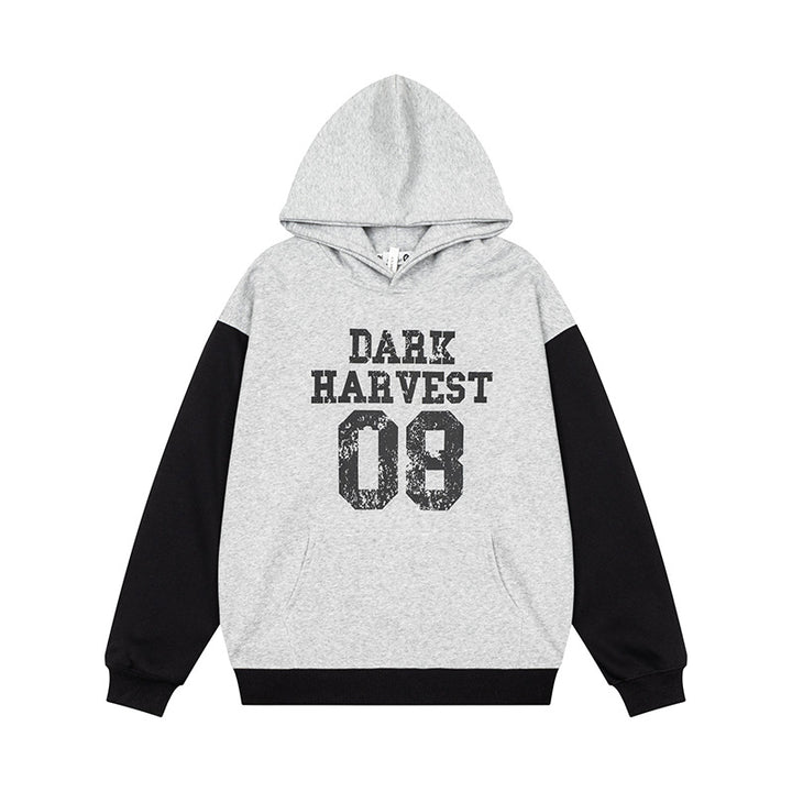 Women's College Style Hoodie Sweatshirt with Contrast Sleeves, Kangaroo Pocket and Vintage Print Mune Fashion
