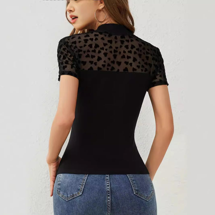 Women's nan figure-focusing body with transparent heart mesh and stand-up collar Mune Fashion