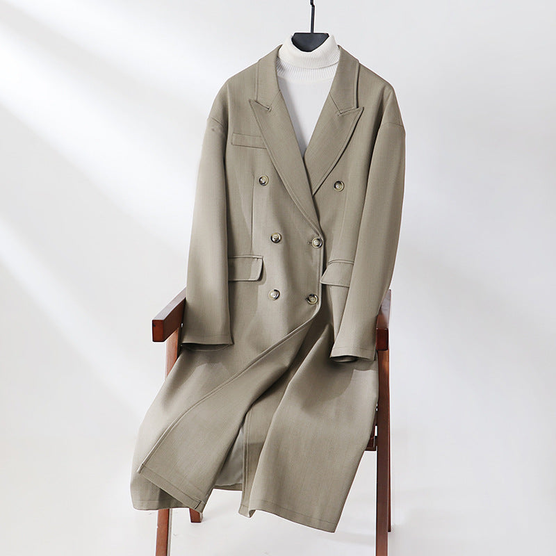 Women's Double-Breasted Longline Coat with Oversized Cut and Draped Lapel Mune Fashion