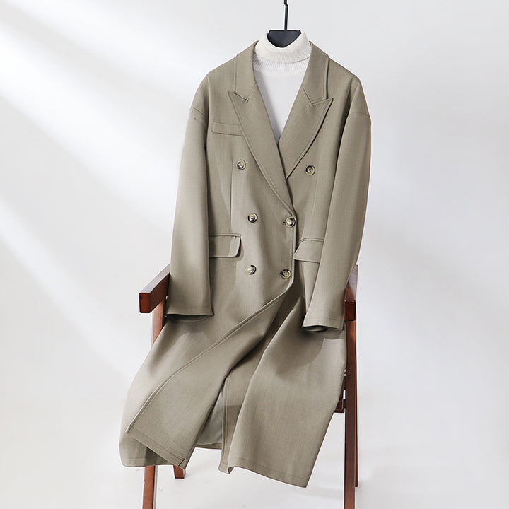 Women's Double-Breasted Longline Coat with Oversized Cut and Draped Lapel Mune Fashion