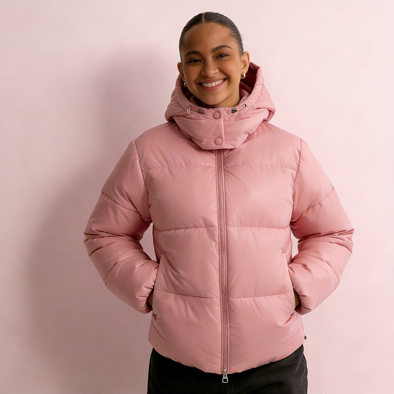 Women's quilted puffer jacket with hood, high stand-up collar, and two-way zipper Mune Fashion