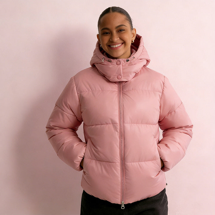 Women's quilted puffer jacket with hood, high stand-up collar, and two-way zipper Mune Fashion