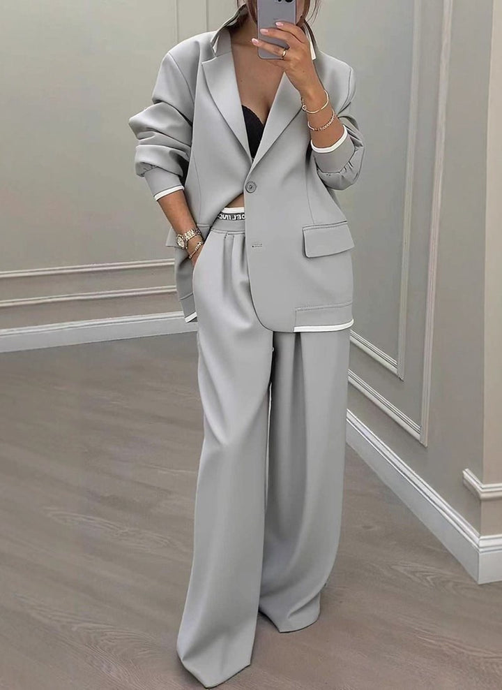 Women Oversized Blazer with Contrast Trim and High-Waist Palazzo Pants Two-Piece Set Mune Fashion