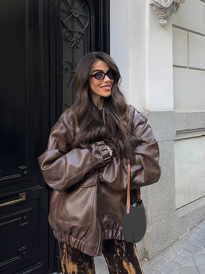 Women's Oversized Vegan Leather Bomber Jacket with Elastic Hem & Large Flap Pockets Mune Fashion