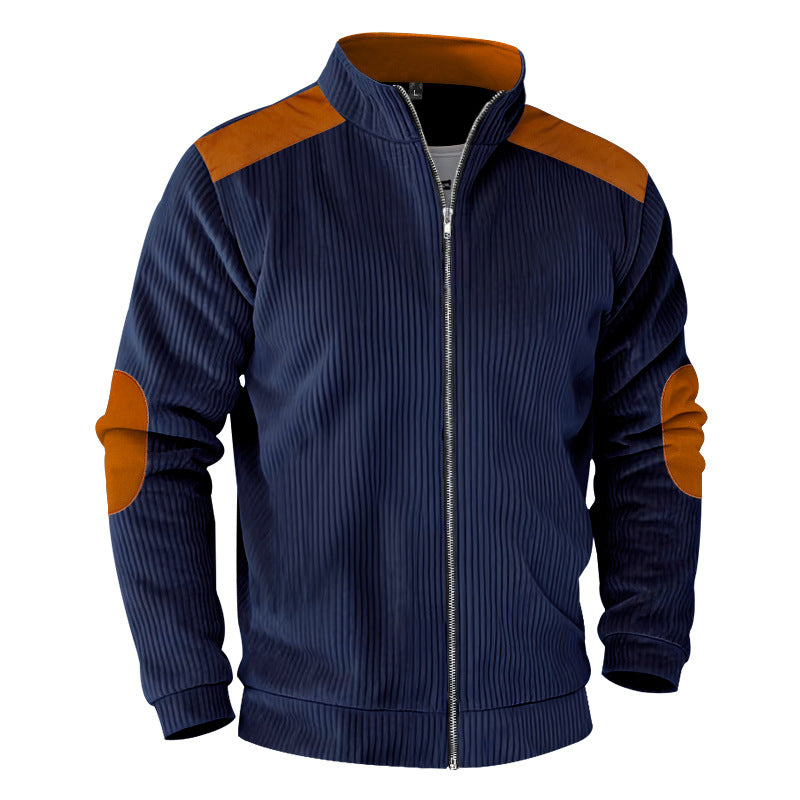 Men's ribbed stand-up collar sweat jacket with full zip, shoulder and elbow patches Mune Fashion
