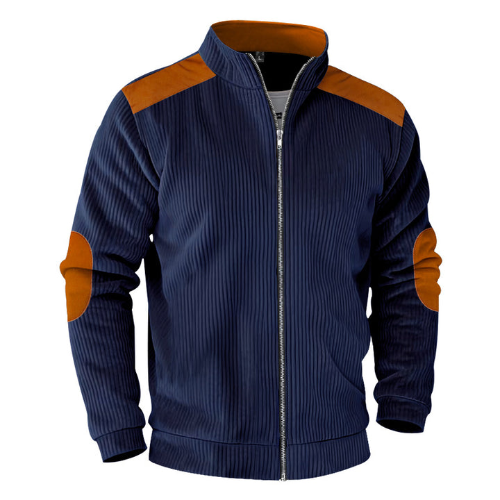 Men's ribbed stand-up collar sweat jacket with full zip, shoulder and elbow patches Mune Fashion