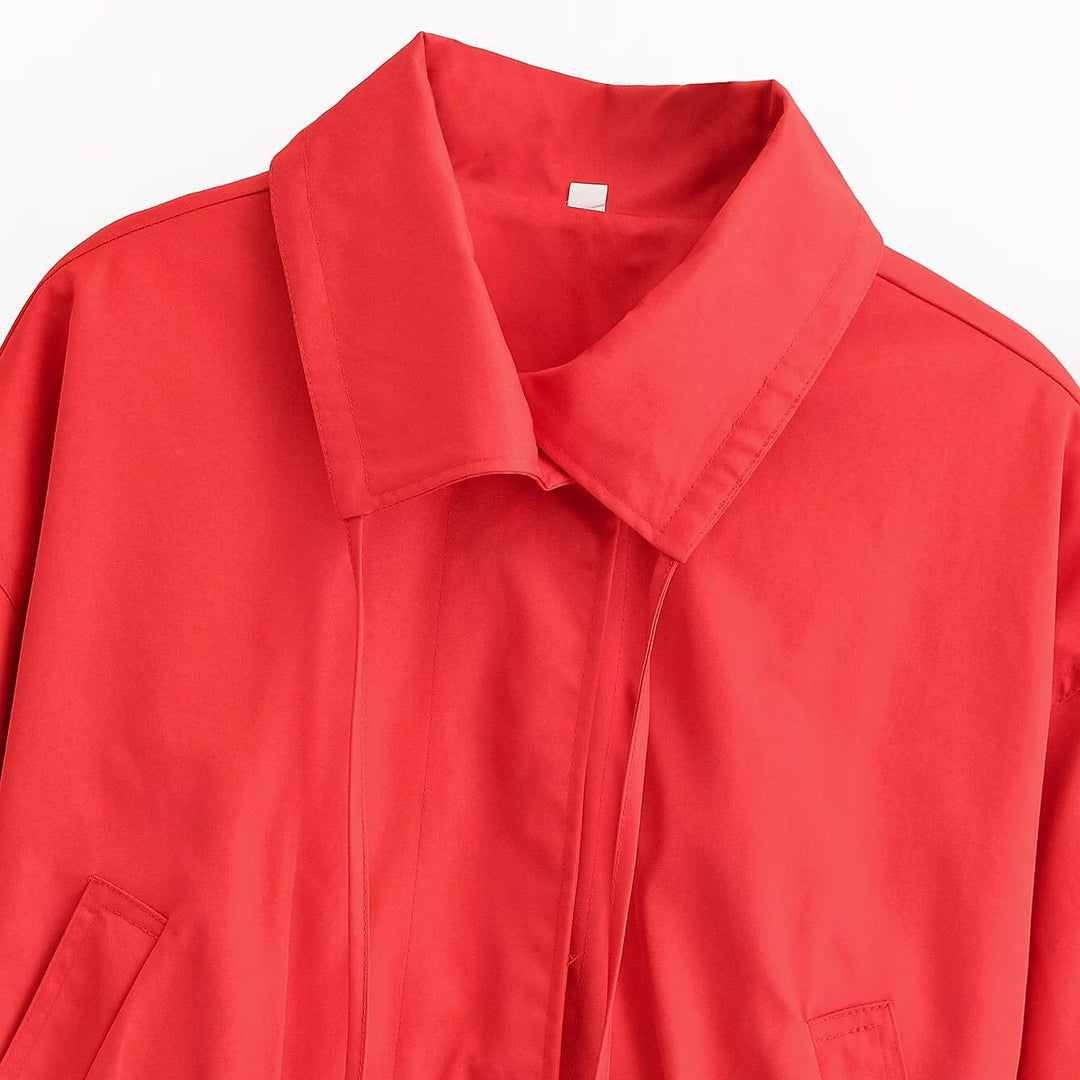 Women's Short Cut Boxy Transitional Jacket with Tying Belt and Shirt Collar Mune Fashion