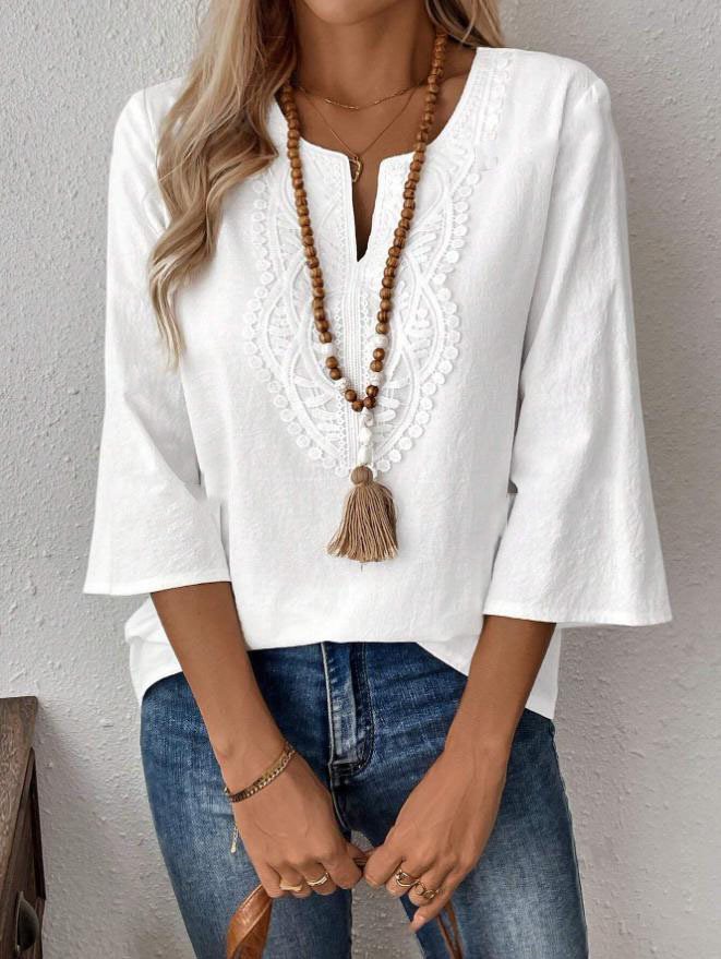 Women's Embroidered Linen Tunic with V-Neck and Three-Quarter Sleeves Mune Fashion