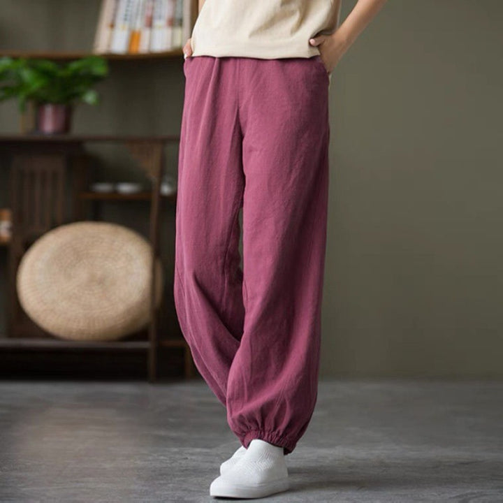 Women's relaxed linen harem pants with elastic waistband and ankle cuffs Mune Fashion