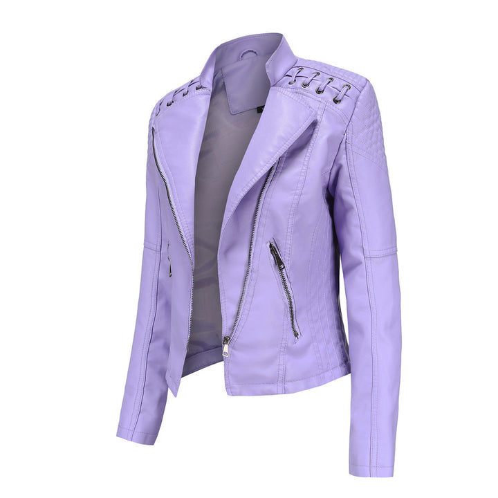 Ladies tailored faux leather biker jacket with quilted shoulder section, asymmetrical zipper and decorative eyelets Mune Fashion