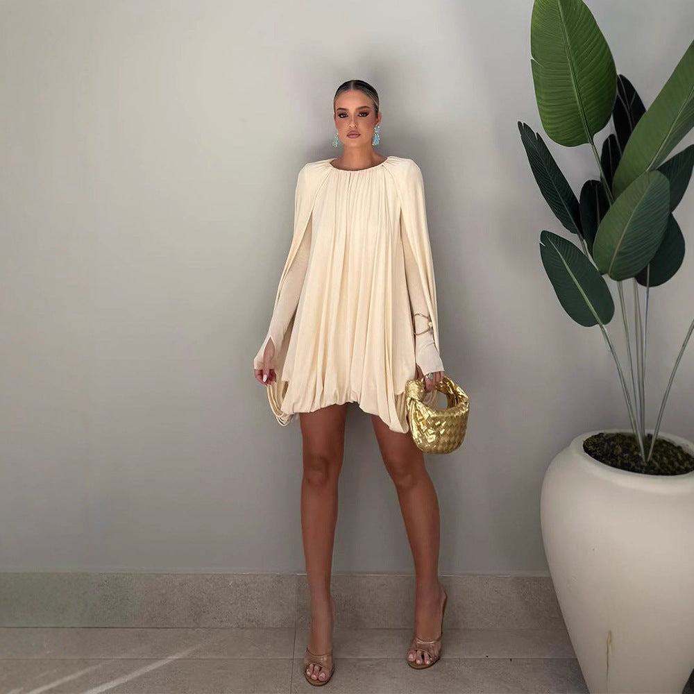 Women Pleated Cocktail Mini Dress with Long Fitted Sleeves and Ballooned Hem Mune Fashion