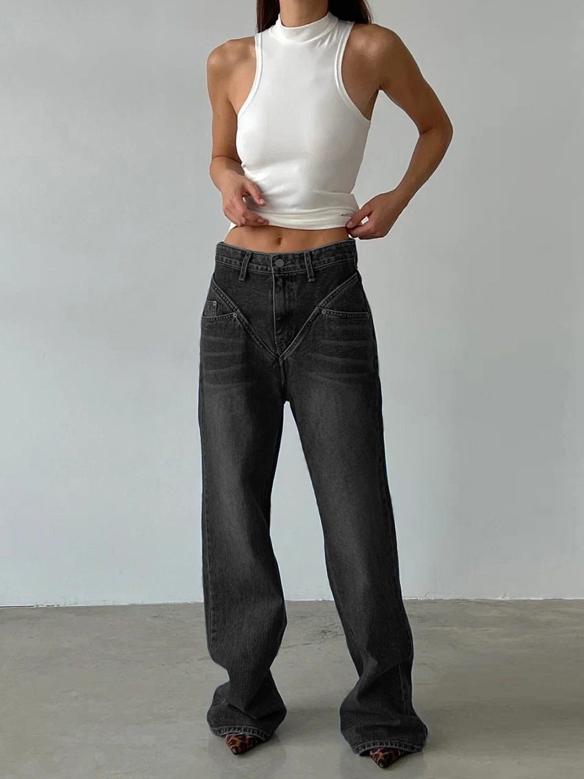 Women's high-waisted wide denim pants with V-shaped waistband seam and extra-long leg Mune Fashion