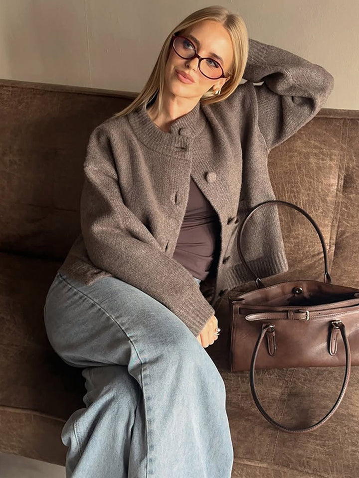 Women's Chunky Knit Cropped Cardigan with Round Snap Buttons and Oversized Sleeves Mune Fashion