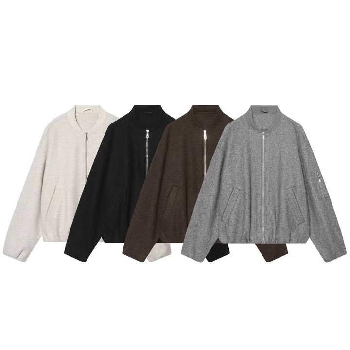 Women's Wool Blend Bomber Jacket in Oversized Boxy Cut with Zipper and Arm Pocket Mune Fashion