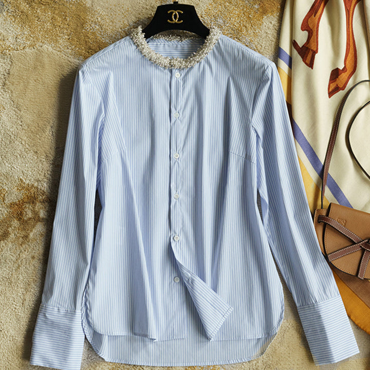 Women Elegant Long Sleeve Blouse with Pearl Decoration Drune