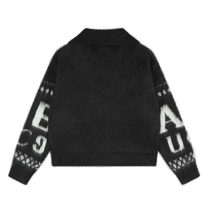 Women’s oversized mohair cardigan with button placket, large lapel collar, and typographic all-over print Mune Fashion