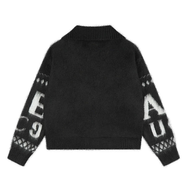 Women’s oversized mohair cardigan with button placket, large lapel collar, and typographic all-over print Mune Fashion
