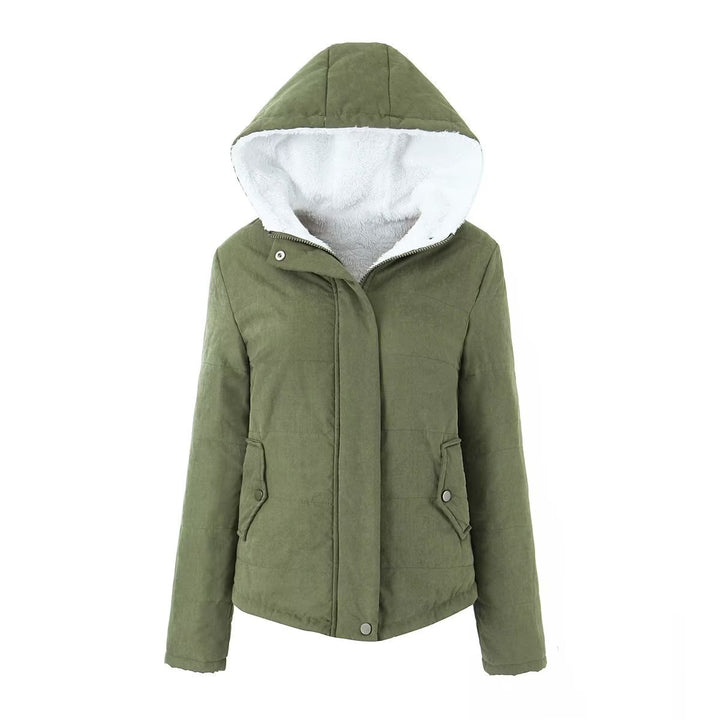 Women's quilted hoodie jacket with teddy lining, concealed snap button placket and patch pockets Mune Fashion