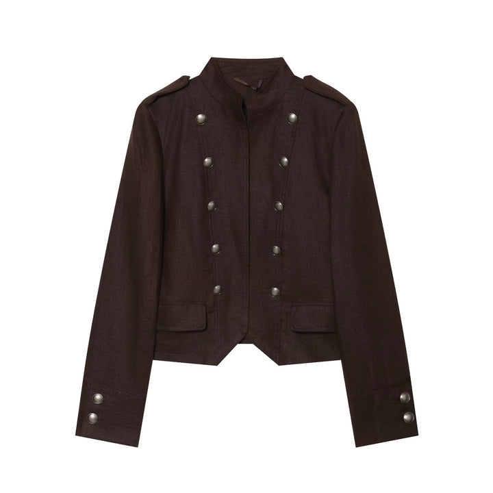 Women's Cropped Field Jacket in Military Style with Stand-Up Collar, Epaulettes and Double Decorative Button Placket Drune