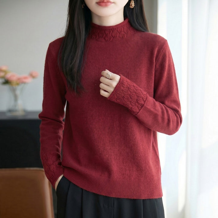 Women's Mockneck Fine Knit Sweater with Openwork Detail at Collar and Cuffs Mune Fashion