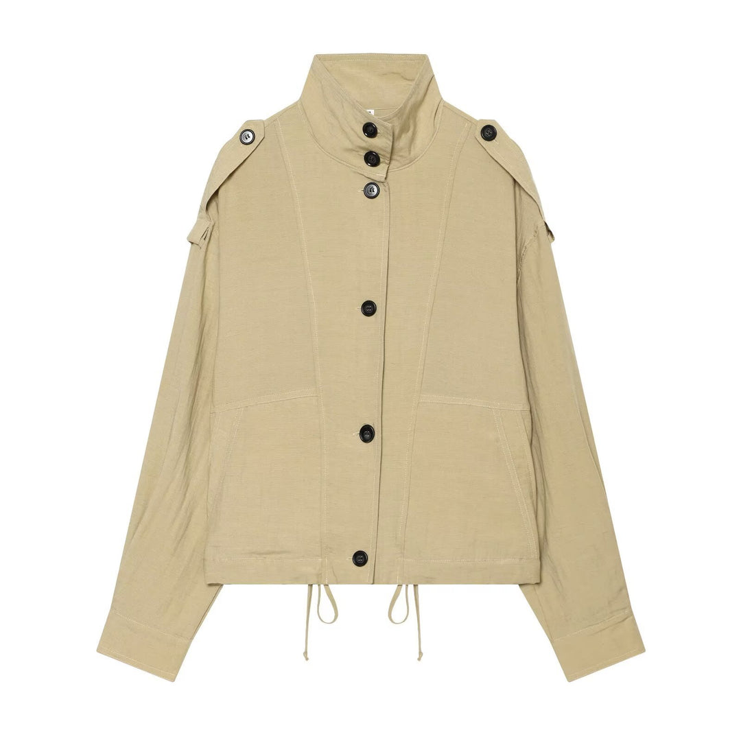 Women Oversize Cropped Utility Jacket with High Stand-up Collar, Shoulder Flaps and Drawstring Mune Fashion