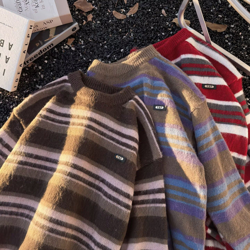 Unisex Striped Oversized Mohair-Look Sweater with Round Neck and Soft Texture Mune Fashion