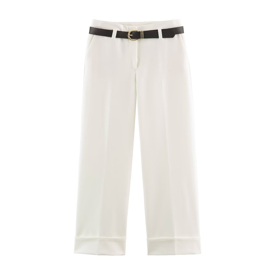 Ladies high-waisted culotte pants with wide leg, crease and turned-up hem Drune