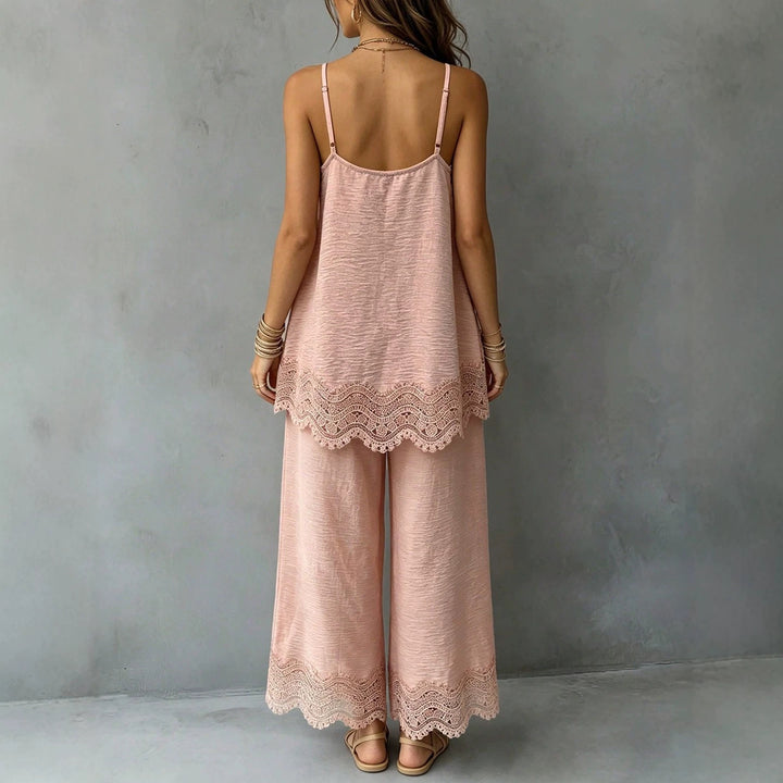 Ladies lightweight two-piece set with spaghetti strap top, intricate lace hem, and wide palazzo pants Mune Fashion