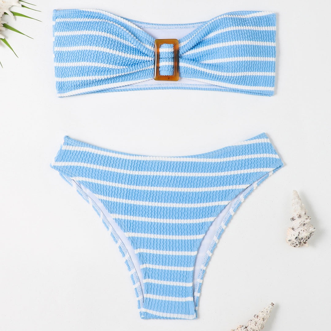 Women's bandeau bikini with a stylish striped pattern and decorative buckle Mune Fashion