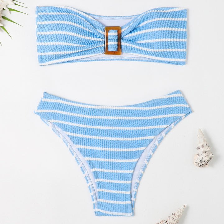 Women's bandeau bikini with a stylish striped pattern and decorative buckle Mune Fashion